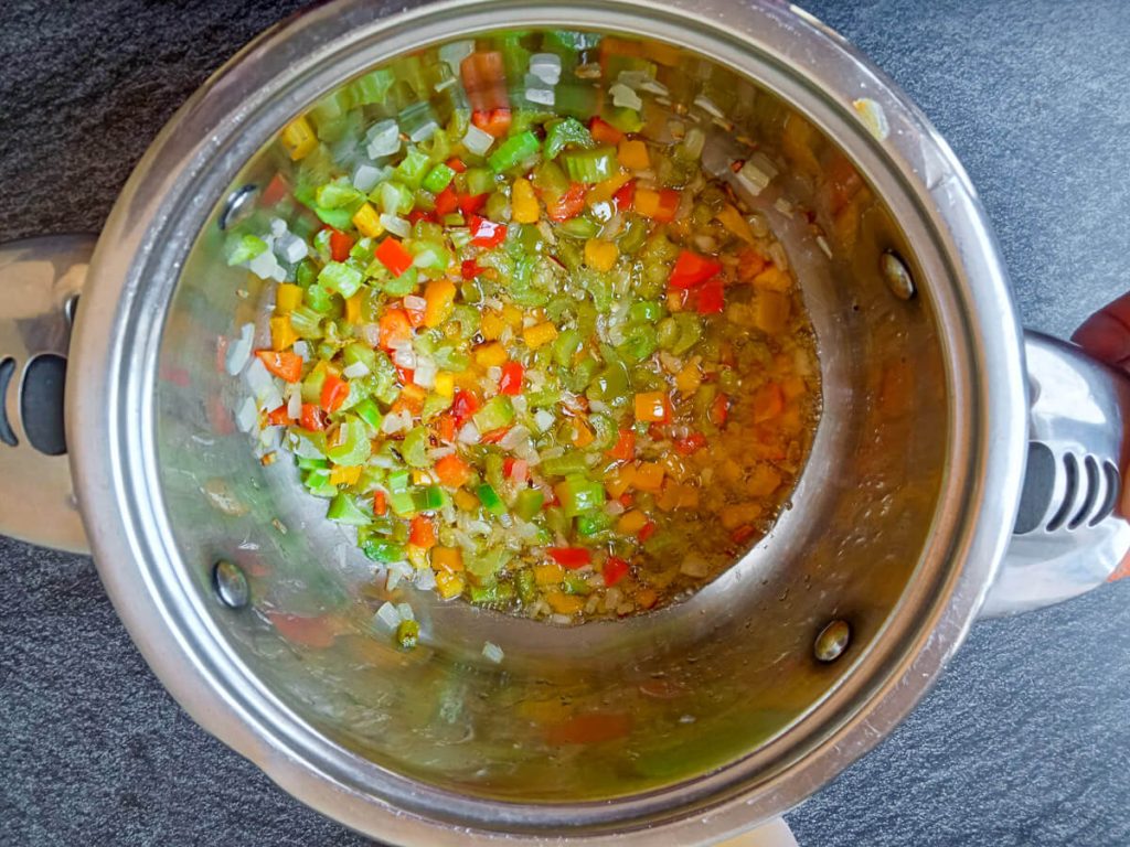 Process photo: sauteed onion, celery, and bell peppers.