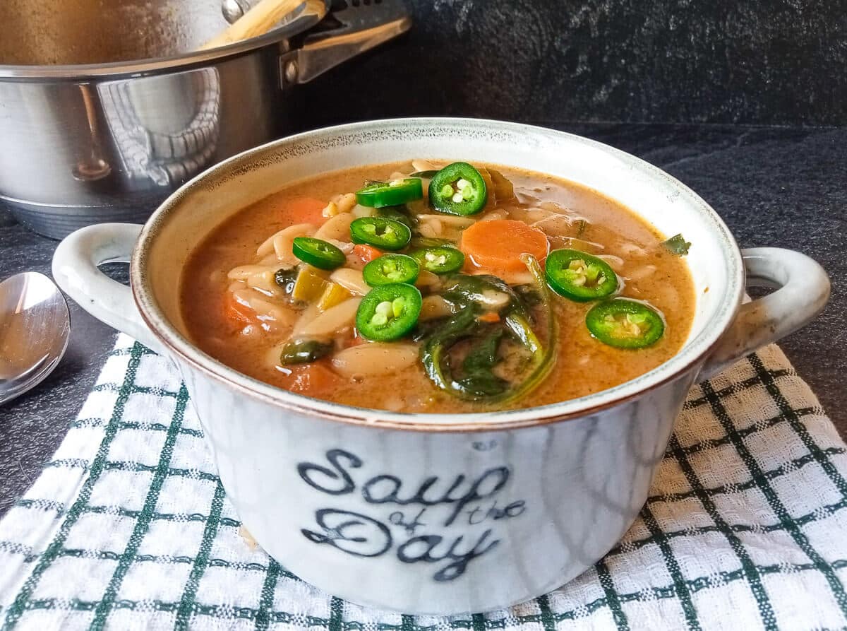 A close up image of a vegetable orzo soup bowl on a green and white tablecloth on a black background.